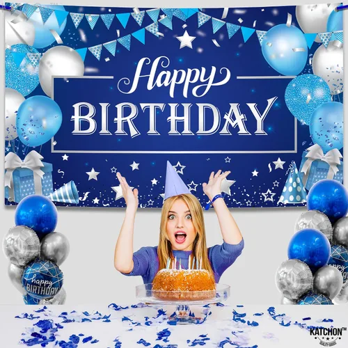 Vista 4 de KatchOn, Cartel grande de feliz cumpleaños plateado y azul - 72 x 44 pulgadas Cartel de pared de feliz cumpleaños para hombres Telón de fondo