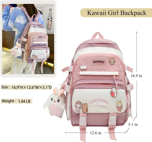 Vista 2 de YJMKOI Mochila Kawaii Girl con bonito colgante de muñeca de peluche, bonita mochila escolar primaria, mochila estética para niñas adolescentes