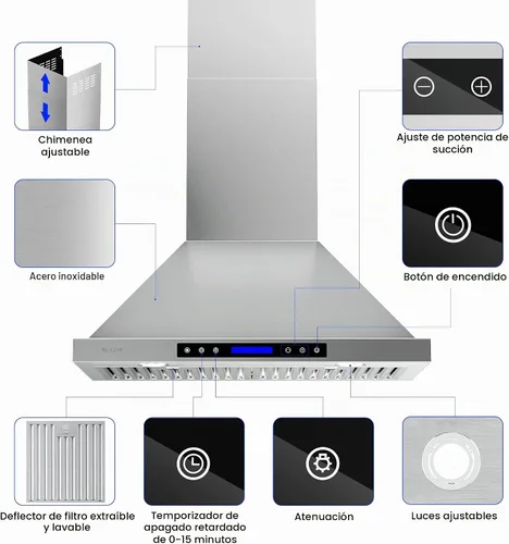 Vista 5 de EKON Campana extractora de pared de 30 pulgadas, campana de ventilación de cocina de acero inoxidable de 900 CFM, convertible con conductos/sin