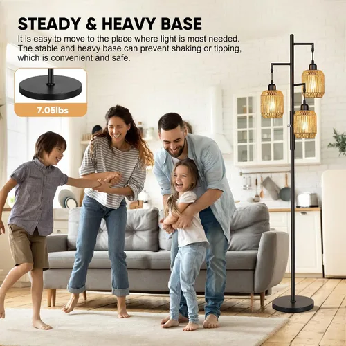 Vista 5 de ROTTOGOON Lámpara de Pie Bohemia Regulable - Lámpara de Pie de Ratán de Granja de 3 Luces para Sala de Estar, Lámparas de Pie Industriales tipo