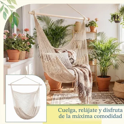 Vista 4 de Barydat 2 sillas colgantes tipo hamaca estilo bohemio, para exteriores e interiores, cómoda cuerda de algodón suave, con barras de metal Beige