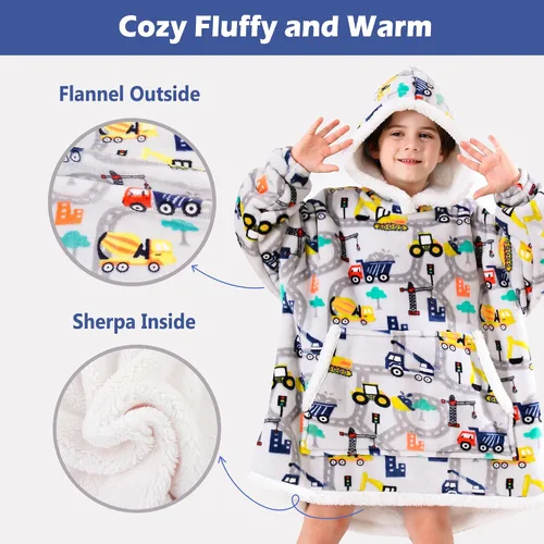 Vista 3 de Sudadera Manta, Manta Vestible de Vellón Sherpa para Niños, Manta con Capucha de Franela Afelpada, Regalo de Sudadera con Bolsillo Gigante