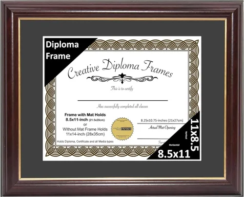 Vista 52 de Creative Picture Frames Marco para Diploma de Caoba con Borde Dorado de 12x16 pulgadas con Vidrio y Paspartú Negro y Colgadores de Pared Instalados
