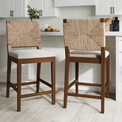 Vista 17 de Nathan James Beacon Taburete de bar bohemio con respaldo, de altura de bar, silla para isla de cocina, taburete de bar de seagrass, bouclé