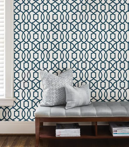 Vista 2 de NuWallpaper NU1648 - Papel tapiz autoadhesivo Grand Trellis azul marino