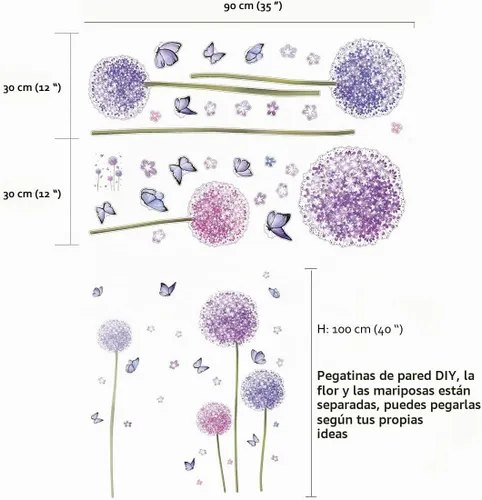 Vista 4 de Runtoo Calcomanías de pared de flores de diente de león, mariposa, calcomanías de pared para dormitorio, sala de estar, decoración de pared Flor