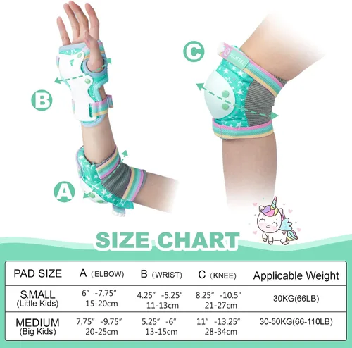 Vista 7 de SULIFEEL Rainbow Unicorn - Patines para niños con equipo de protección ajustable, verde, talla S