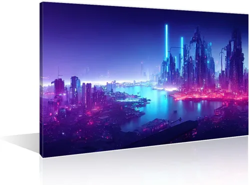 Vista 18 de 1 panel de cuadros de la ciudad de Cyberpunk, arte de pared, representación de vallas publicitarias, edificios modernos en la capital con obras