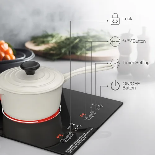 Vista 8 de Placa de cocina eléctrica, integrada y de encimera de 2 quemadores eléctricos para cocinar, 2400W 110V, 11 configuraciones de potencia, temporizador