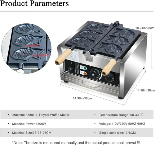 Vista 2 de Taiyaki - Máquina para hacer gofres de pescado, 3 unidades antiadherentes para hacer gofres eléctricos Taiyaki Baker con forma de pez, acero