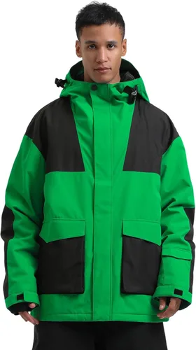 Vista 7 de GSOU SNOW Chaqueta de esquí para hombre, abrigo de nieve para snowboard, cálido, invierno, impermeable, con capucha