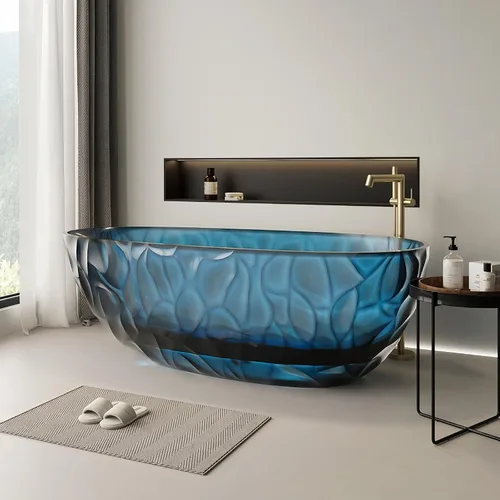 Vista 10 de Bañera independiente transparente de 67 pulgadas – Bañera de superficie sólida de diseño con textura ondulada, bañera de remojo extra profunda