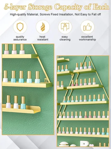 Vista 5 de Lorvain - 10 estantes de almacenamiento de esmalte de uñas de metal para montaje en pared, 5 niveles, color dorado, triangular, vitrinas