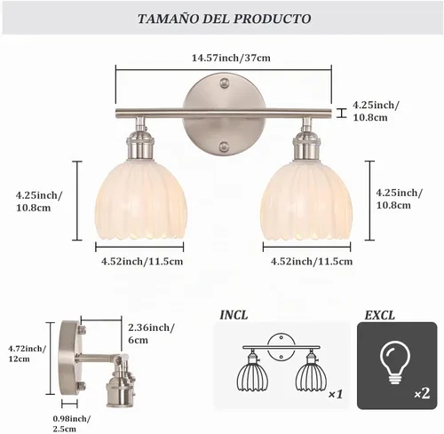 Vista 5 de Shenmoyl Lámparas de baño, lámpara de pared de 2 luces para tocador sobre espejo con pantalla de vidrio tulipán blanco para dormitorio, sala