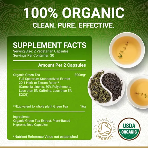 Vista 6 de Cápsulas de extracto de té verde orgánico - Certificado orgánico USDA 60 cápsulas de té verde Pastillas de té verde Extracto de té verde EGCG