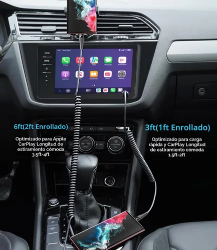 Vista 4 de Cable USB C de carga rápida, paquete de 2 cables de carga USB A a USB C en espiral de 3 pies para automóvil, cable de carga USB-C compatible
