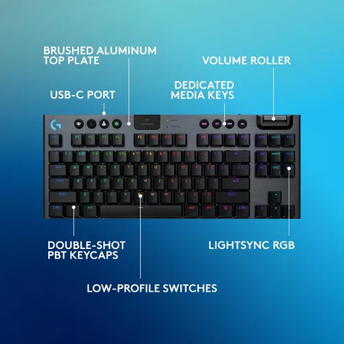 Vista 6 de Logitech G 915 X Lightspeed TKL Teclado mecánico inalámbrico para juegos, teclas PBT de doble disparo, teclas totalmente programables, teclados RGB