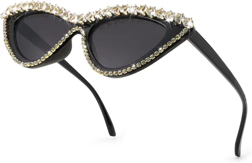 Vista 4 de WANWAN Gafas de sol para mujer, lentes de sol de ojo de gato con diamantes y marco de cristal, gafas