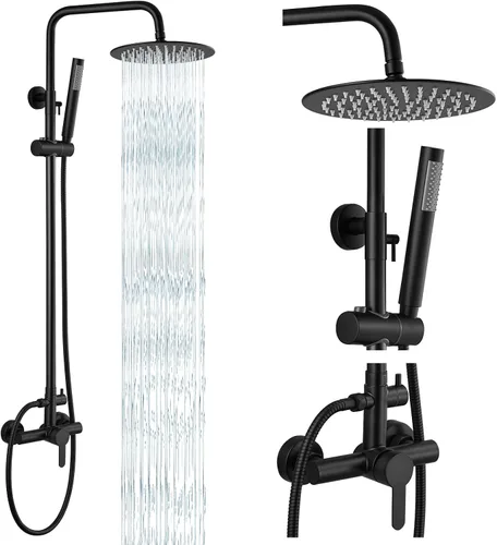 Vista 12 de gotonovo accesorios de ducha al aire libre SUS304 de acero inoxidable, kit de ducha de lluvia de alta presión, montaje en pared, 2 funciones Negro