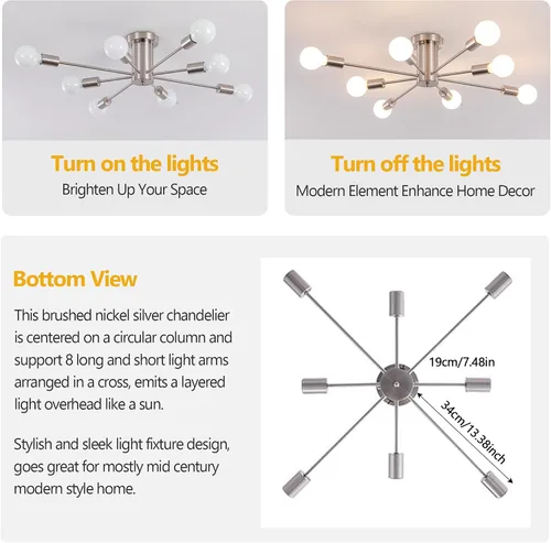 Vista 13 de Candelabro Sputnik moderno, lámpara de techo de 8 luces - Base E26