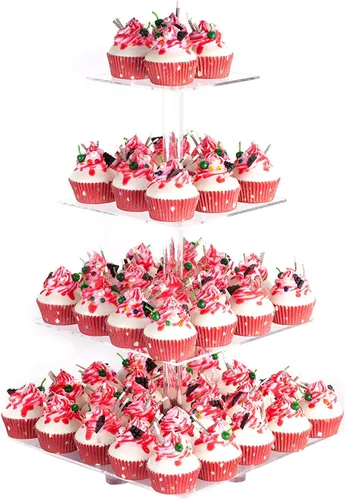 Vista 9 de YestBuy Soporte redondo de acrílico para cupcakes de 4 niveles con base, soporte premium para cupcakes, torre de exhibición de cupcakes de acrílico