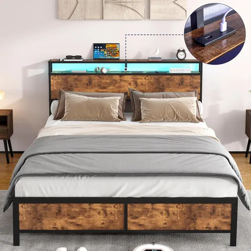 Vista 4 de Base de cama Queen con luces LED, cabecera de almacenamiento industrial con estación de carga y puerto USB, marco de cama industrial moderno
