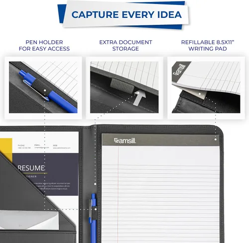 Vista 6 de Samsill Portafolio de piel sintética con puntada de contraste, portafolio de negocios para hombres y mujeres, organizador de documentos y currículo