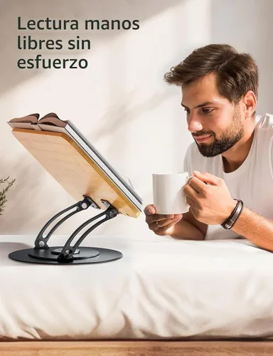 Vista 6 de Nulaxy Bamboo 360 - Soporte giratorio para libros de lectura, soporte ajustable para libros de texto para leer manos libres, soporte plegable