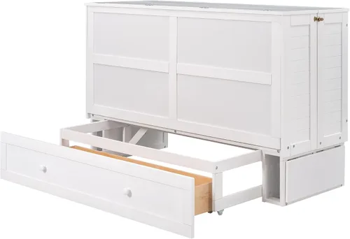 Vista 11 de SOFTSEA Queen Size Farmhouse Murphy Cabinet Bed with Charging Station, Foldable Platform Bed with Large Storage Drawer for Guestroom, Small Bedroom