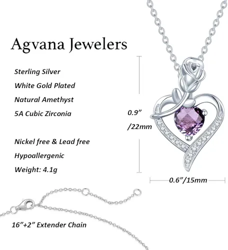 Vista 6 de Collares con dije de piedra de nacimiento, de plata de ley auténtica natural o creada con piedras preciosas, con dije de rosas y corazón