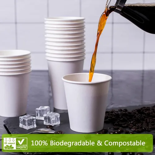 Vista 5 de MayTree Vasos de papel compostables y biodegradables de 8 onzas para agua caliente, soporte para té, para llevar y taza de café fría, paquete de 250