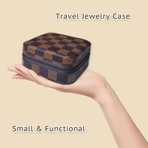 Vista 4 de Jemjosh Caja de joyería de viaje pequeña, caja portátil de cuero para joyería a cuadros, organizador de anillos, caja de almacenamiento, cajas