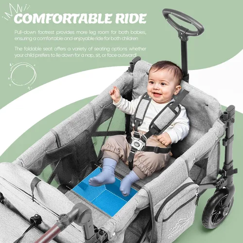 Vista 3 de Cochecito para 2 niños, carrito premium para niños con toldo extraíble, bandeja para snacks, cuna convertible para bebé, arnés de seguridad de 5 Gris