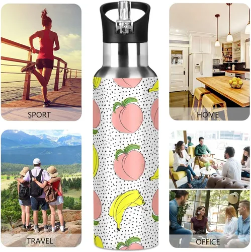 Vista 5 de BPA-Free Sport Water Bottle Insulated 32 Oz, Insulated Water Bottle for Gym Outdoor Travel School, Peaches Bananas Polka Dot