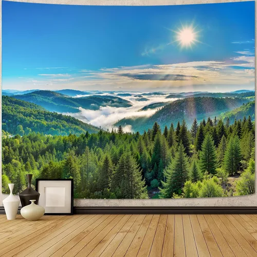 Vista 3 de Zussun Tapiz de Bosque Natural de Montaña Tapiz Verde de Pino Luz Solar Selva para Dormitorio Estético Planta Paisaje de Montaña Tapices Pequeños