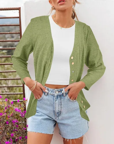 Vista 2 de Dailiup Camisetas de manga 34 con cuello en V para mujer, cárdigan con botones, estilo casual, color liso, camisetas básicas, blusas