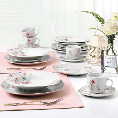 Vista 5 de Lorren Home Trends Juego de vajilla cuadrada de porcelana de 20 piezas para 4 diseños florales pequeños, color blanco
