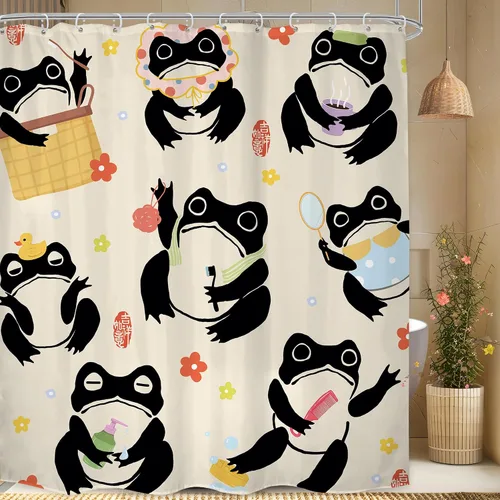 Vista 16 de Juego Divertido de Cortina de Rana Retro para Ducha, Juego de Baño 48x71 Pulgadas, Estilo Asiático Lindo, Arte Japonés Tradicional de Pato de Goma