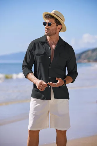 Vista 2 de COOFANDY Camisa de lino de manga larga para hombre, casual, con botones, cuello de campamento, con 2 bolsillos