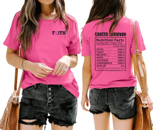 Vista 7 de Cancer Survivor Shirts Women Breast Cancer Awareness Tshirt Pink Ribbon Tee Faith Inspirational Short Sleeve Tops