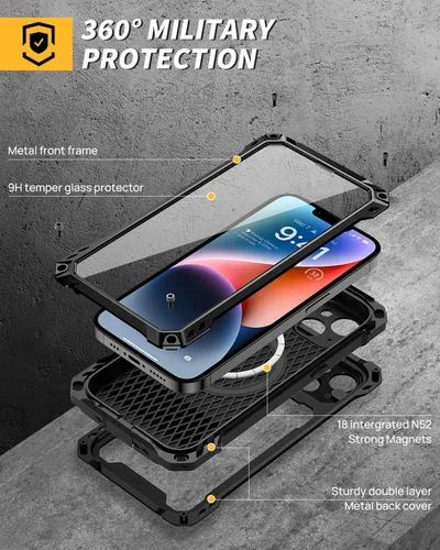 Vista 2 de Lanhiem Funda magnética de metal para iPhone 14, soporte de cámara integrado y protector de pantalla de cristal, resistente a prueba de golpes