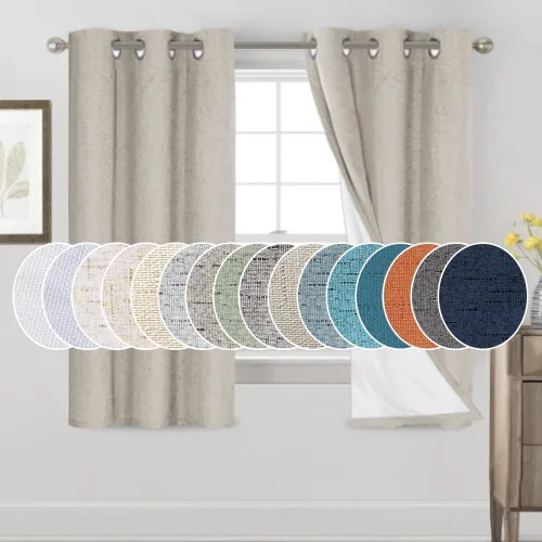 Vista 125 de Cortinas con textura de lino 100% opacas de 64 pulgadas de largo, juego de 2 paneles de cortinas de lino opacas con forro aislante térmico que Arena