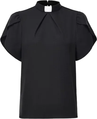 Vista 3 de Camisa de clero de iglesia para mujer, cuello con pestaña frontal, plisada, manga pétalo