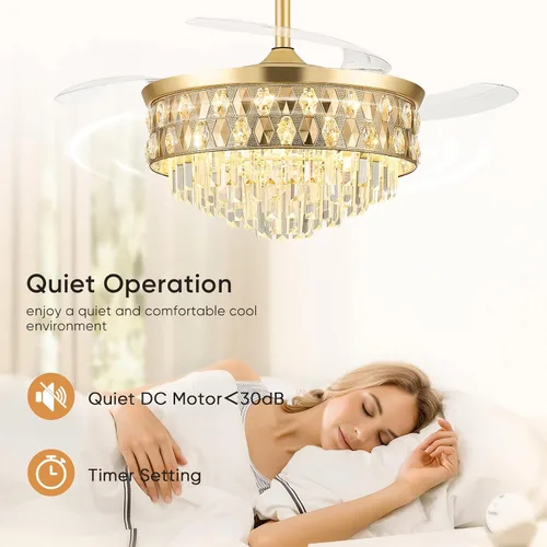 Vista 5 de Ventilador de techo de 52 pulgadas con luz, ventilador de araña, dorado K9 crystal, dimmable 3CCT LED, 6-speed quiet DC motor, memory and timer