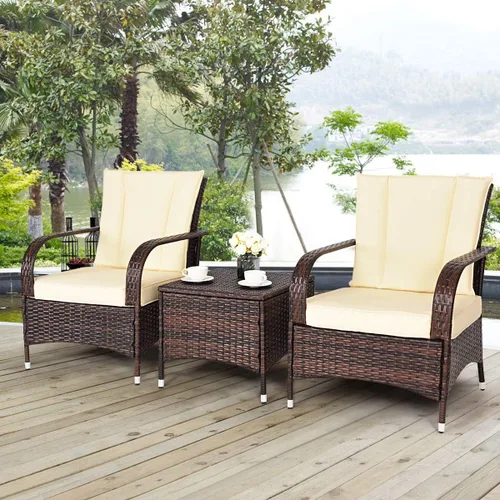 Vista 3 de Tangkula - Juego de muebles de jardín de 3 piezas, 2 sillas de mimbre con mesa de centro con cubierta de cristal, para el jardín, al aire libre
