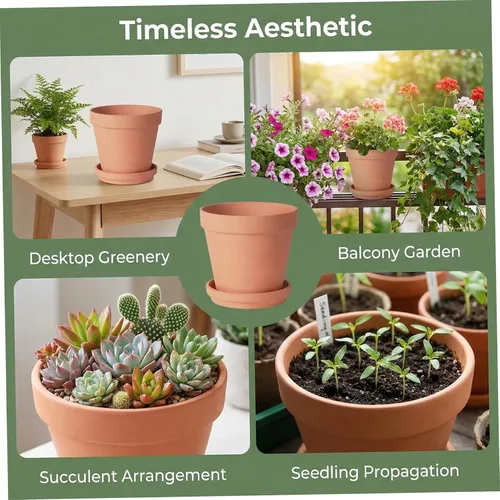 Vista 3 de Classic Ceramic Flower Pot for Herbs Small Plants 3 Set – Terracotta Pots with Drainage Hole & Saucer, 6 Inch