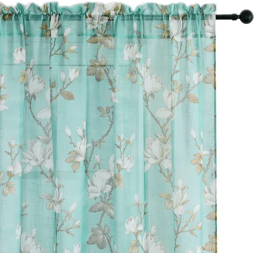Vista 2 de SMILE WEAVER 2 paneles de cortinas traslúcidas turquesa de 45 pulgadas de largo, para sala de estar, cortinas semitransparentes florales