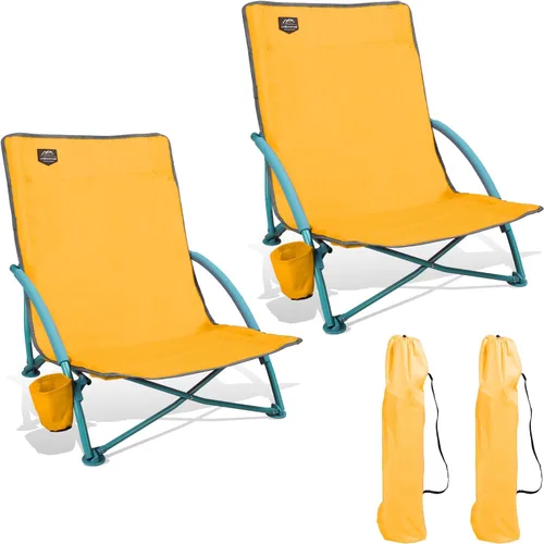 Vista 8 de Paquete de 2 sillas bajas de playa, sillas reclinables plegables para adultos, sillas de camping ligeras de asiento bajo con soporte para tazas, Azul