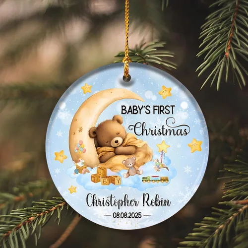 Vista 6 de Adorno personalizado para la primera Navidad del bebé 2025 con nombre personalizado, lindo oso en la luna, adornos redondos, regalo de primer