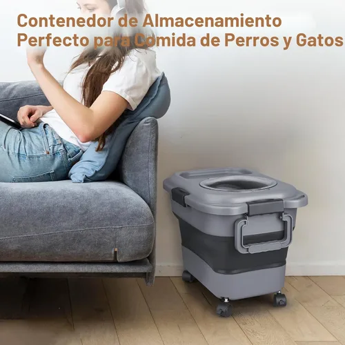 Vista 7 de Contenedor de almacenamiento de alimentos para perros, 10 a 20 libras, hermético, plegable, con ruedas acoplables, asa portátil, cuchara de comida